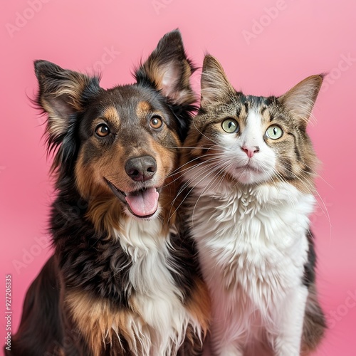 A dog and a cat posing together against a pink background, showcasing friendship.