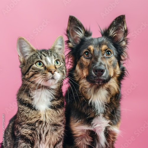 A cat and a dog posing together against a pink background.