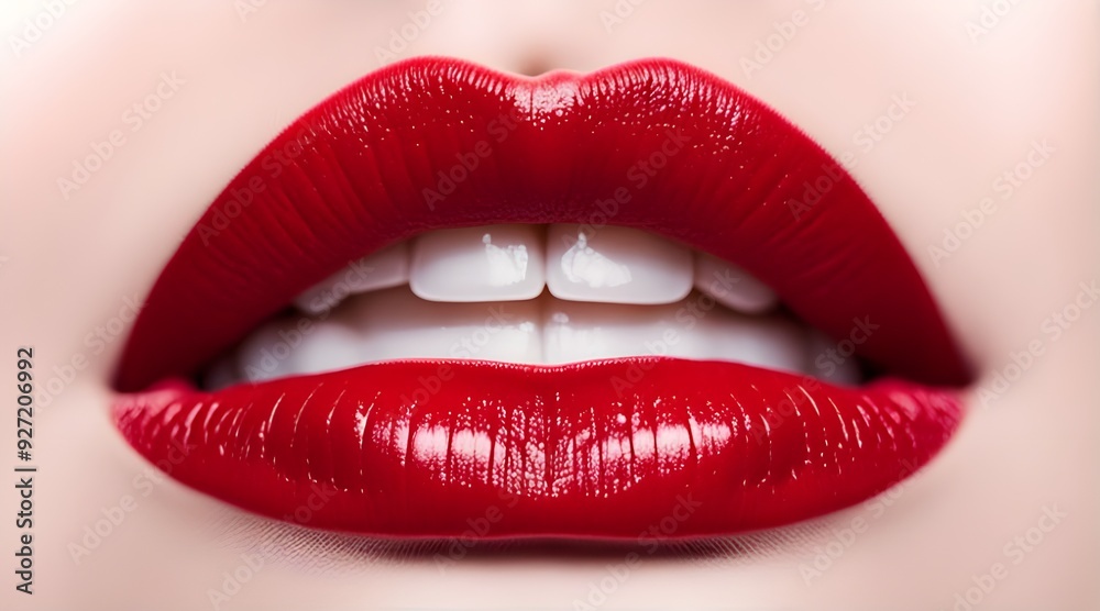 Fototapeta premium Passionate red lips. Opened mouth. Beautiful makeup close up. Macro photography, small depth of field