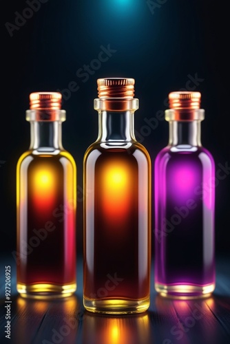 Many glowing colorful oils in bottles, vertical composition