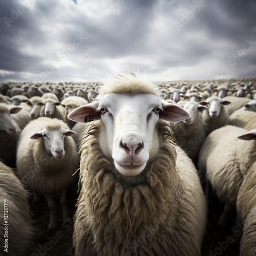 A flock of sheep standing in a row, facing forward