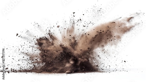 An explosion of dust and debris against a white background.