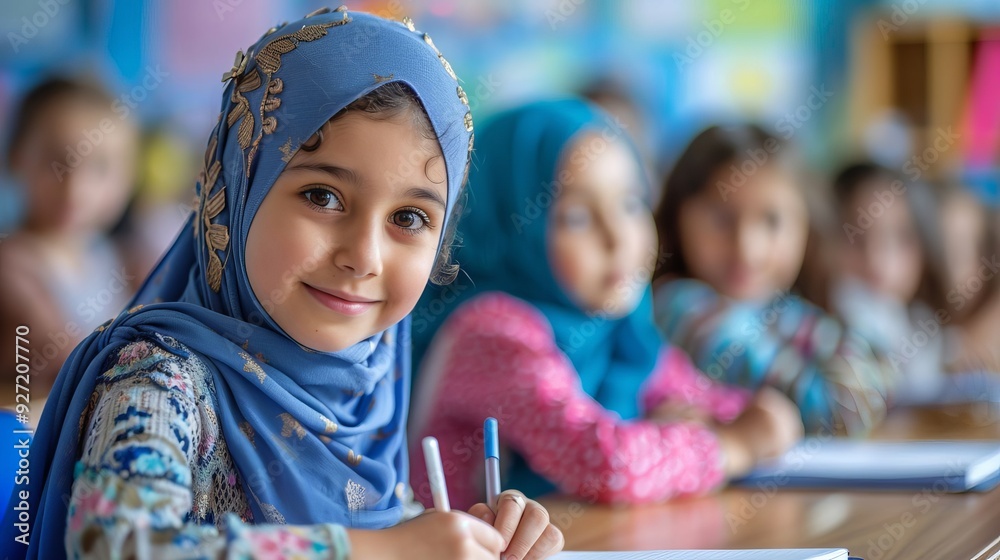 Portrait of Pretty Arabic Girl Student Smiling in Classroom Portrait of Pretty Arabic Girl Student Smiling in Classroom