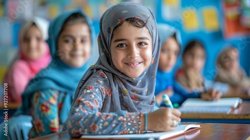 Portrait of Pretty Arabic Girl Student Smiling in Classroom