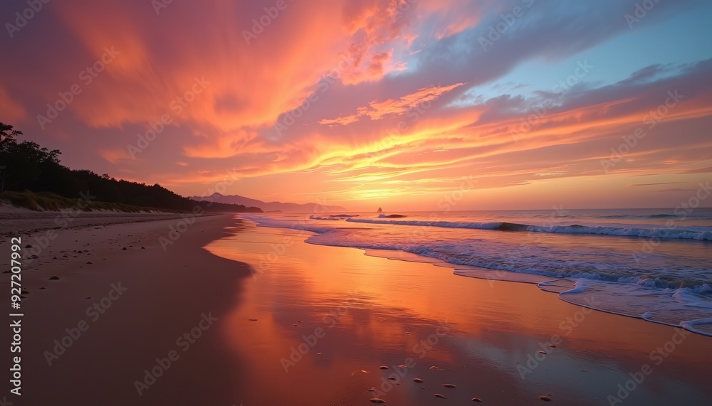 Stunning Sunset Over Calm Ocean with Vibrant Red and Orange Sky Reflecting on Serene Beach Shoreline - Tranquil Nature Scene Captured at Golden Hour Stunning Sunset Over Calm Ocean with Vibrant Red and Orange Sky Reflecting on Serene Beach Shoreline - Tranquil Nature Scene Captured at Golden Hour