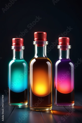 Many glowing colorful oils in bottles, vertical composition