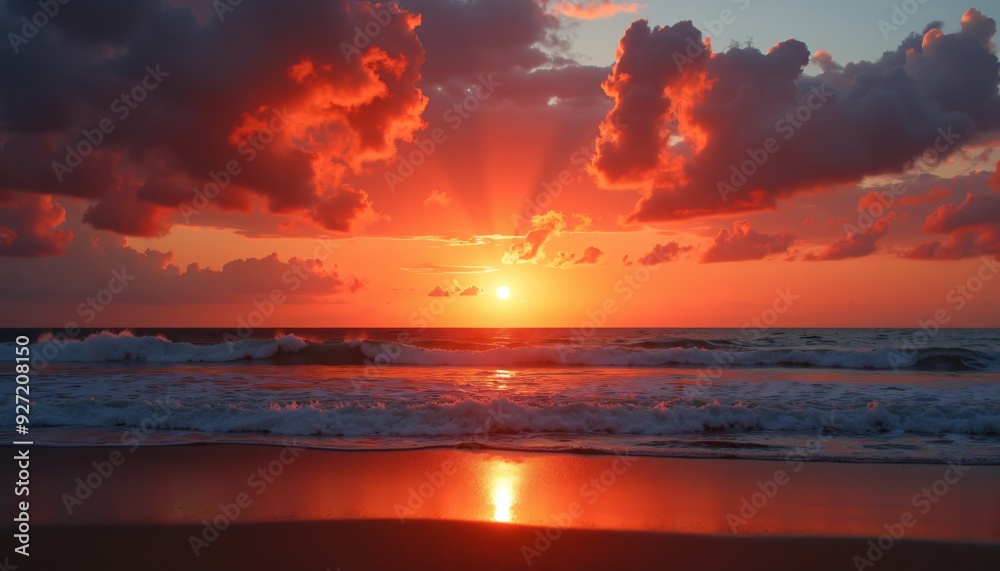 Stunning Sunset Over Calm Ocean with Vibrant Red and Orange Sky Reflecting on Serene Beach Shoreline - Tranquil Nature Scene Captured at Golden Hour Stunning Sunset Over Calm Ocean with Vibrant Red and Orange Sky Reflecting on Serene Beach Shoreline - Tranquil Nature Scene Captured at Golden Hour