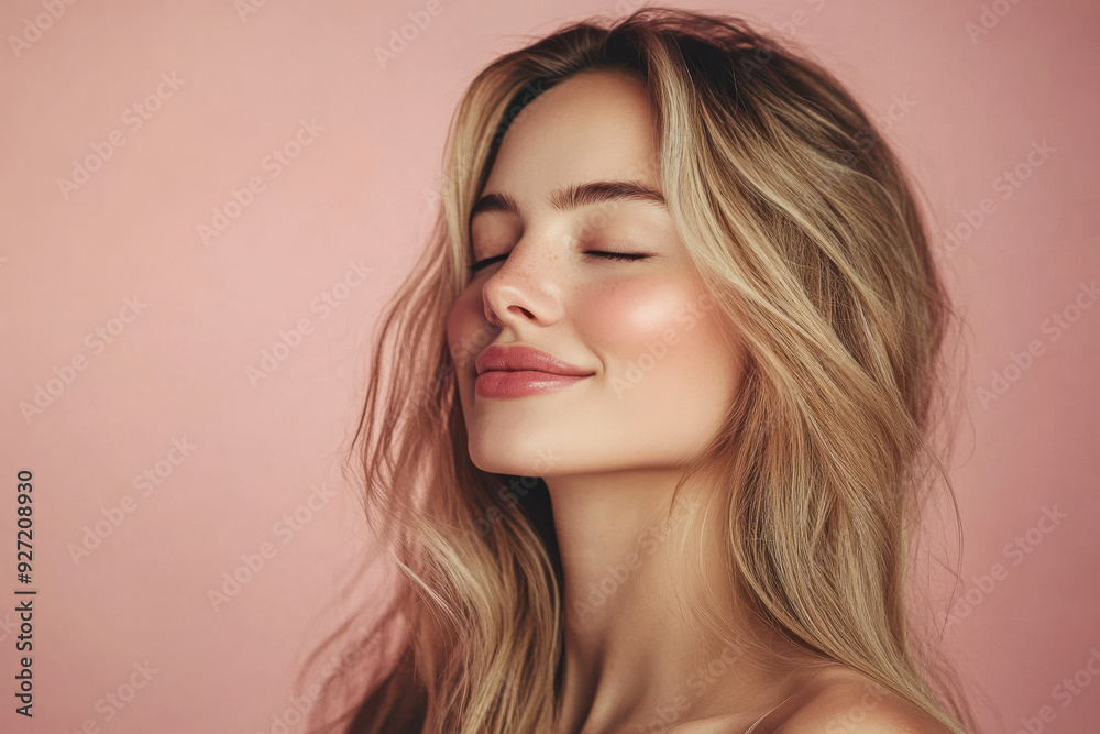 A close up of a woman's face with her eyes closed and long blond hair A close up of a woman's face with her eyes closed and long blond hair