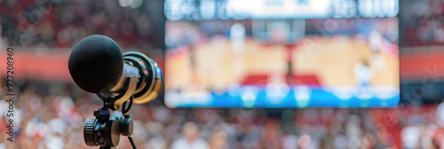 A microphone is positioned to capture live commentary at a basketball game in a crowded arena