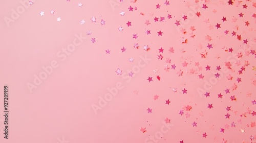 A pink background scattered with shiny star-shaped confetti.