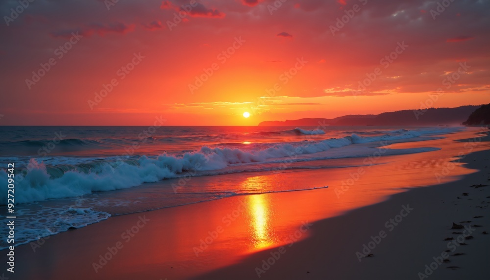Stunning Sunset Over Calm Ocean with Vibrant Red and Orange Sky Reflecting on Serene Beach Shoreline - Tranquil Nature Scene Captured at Golden Hour Stunning Sunset Over Calm Ocean with Vibrant Red and Orange Sky Reflecting on Serene Beach Shoreline - Tranquil Nature Scene Captured at Golden Hour