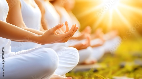 A serene group of individuals practicing yoga outdoors at sunset, wearing white attire. The golden light envelops them, enhancing the tranquil atmosphere.