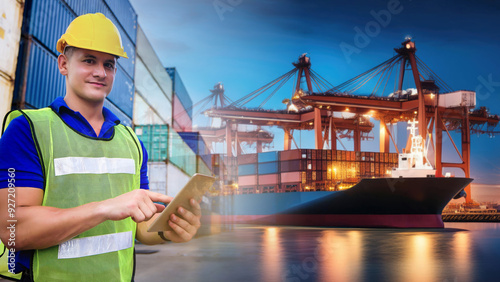 Double exposure, Caucasian man engineer using digital tablet and wearing yellow safety helmet and check for control loading containers box from Cargo freight ship for import and export, transport