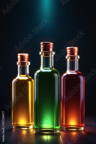 Many glowing colorful oils in bottles, vertical composition