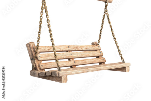 A rustic wooden swing hanging in the air, perfect for outdoor relaxation and leisure activities in a garden or backyard setting. photo