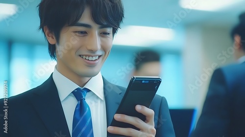 A cheerful young Asian man in a suit smiles at his smartphone, conveying a successful moment in a modern office environment filled with blue tones.