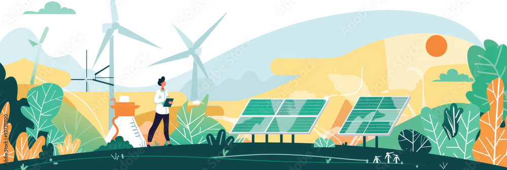 Obraz premium A woman stands with a tablet, assessing solar panels and wind turbines in a tranquil natural setting