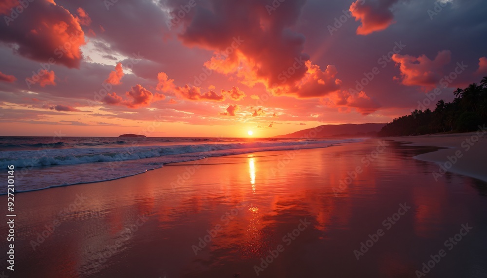 Stunning Sunset Over Calm Ocean with Vibrant Red and Orange Sky Reflecting on Serene Beach Shoreline - Tranquil Nature Scene Captured at Golden Hour Stunning Sunset Over Calm Ocean with Vibrant Red and Orange Sky Reflecting on Serene Beach Shoreline - Tranquil Nature Scene Captured at Golden Hour