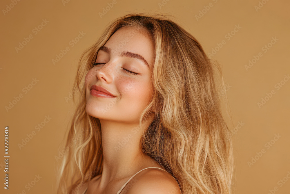 A close up of a woman's face with her eyes closed and long blond hair