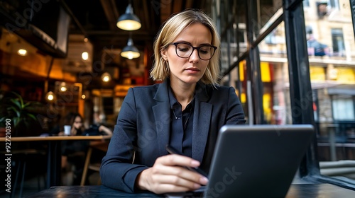 A focused Caucasian woman in her early 30s, dressed in formal attire, works intently on a tablet at a stylish caf�, surrounded by a warm atmosphere.