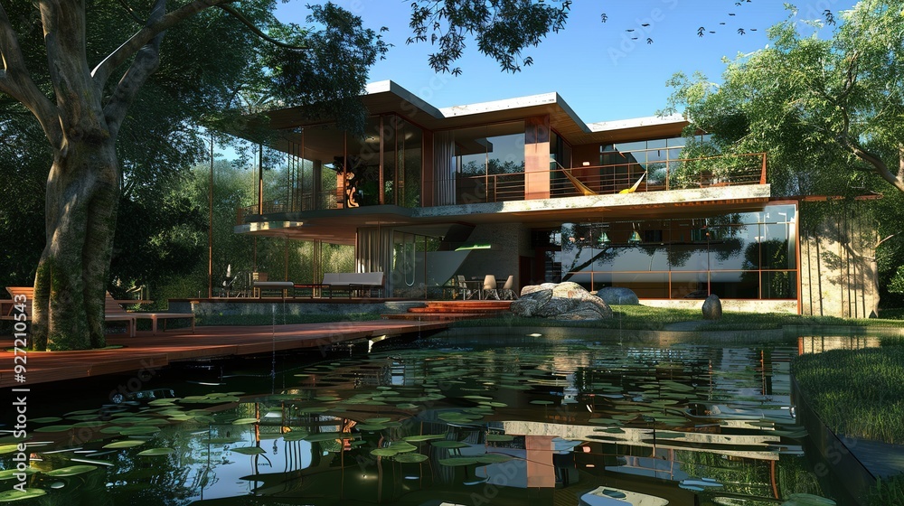 Modern house with a pond and a wooden deck in front. Modern house with a pond and a wooden deck in front.