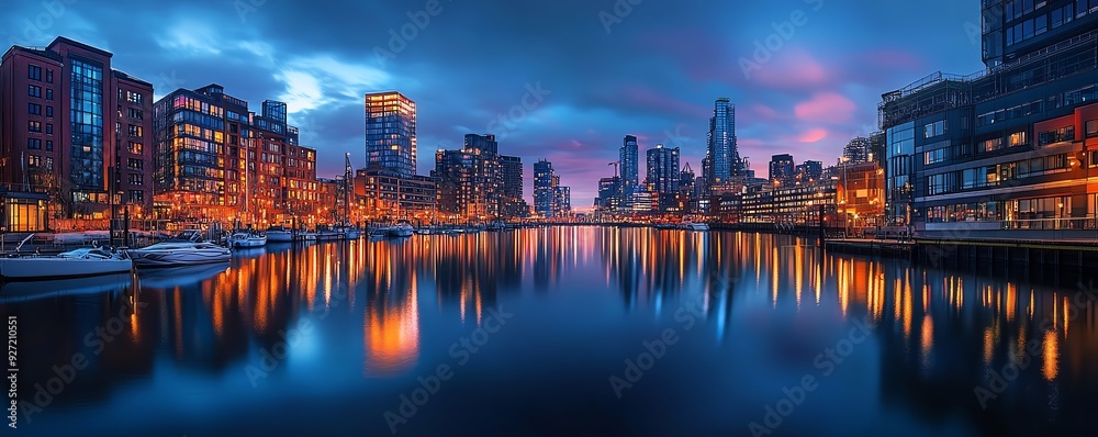 Obraz premium Evening cityscape with warm lights, reflecting on the water, capturing the calm yet vibrant energy of a modern urban environment Aesthetic Urban Nightscape, Reflections in the city