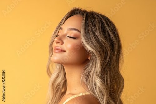 A close up of a woman's face with her eyes closed and long blond hair