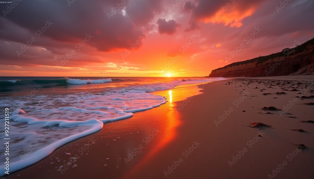 Naklejka premium Stunning Sunset Over Calm Ocean with Vibrant Red and Orange Sky Reflecting on Serene Beach Shoreline - Tranquil Nature Scene Captured at Golden Hour