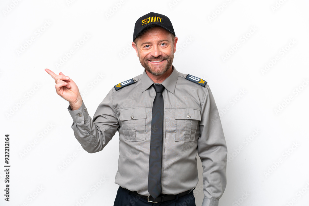 Middle age security man isolated on white background pointing finger to the side Middle age security man isolated on white background pointing finger to the side
