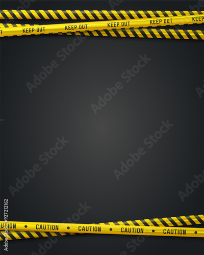 Banner with yellow caution tapes. Security line on black background. Crime scene barrier tape. Vector illustration.