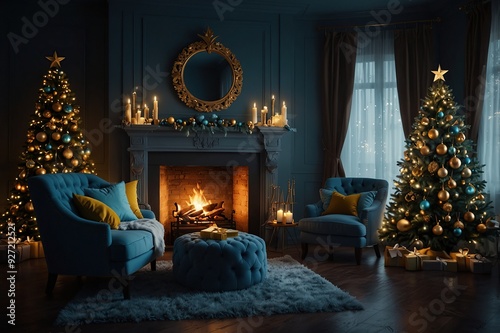 Christmas and New Year decorated dark interior