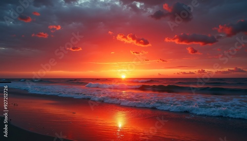Stunning Sunset Over Calm Ocean with Vibrant Red and Orange Sky Reflecting on Serene Beach Shoreline - Tranquil Nature Scene Captured at Golden Hour
