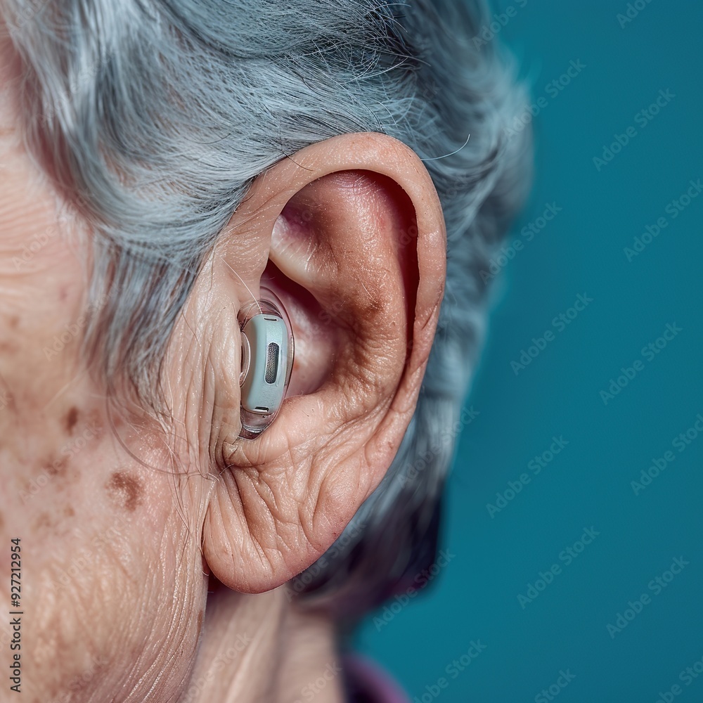 Fototapeta premium Close-up of an elderly person's ear with a hearing aid.