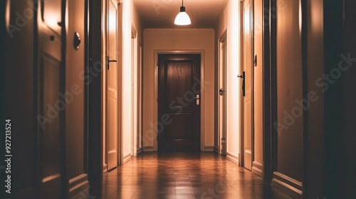 A dimly lit empty corridor in an apartment at night, showcasing a quiet and eerie atmosphere with shadows cast on the walls. 