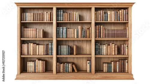 A wooden bookshelf filled with a variety of books, showcasing an organized collection perfect for any study or library setting.