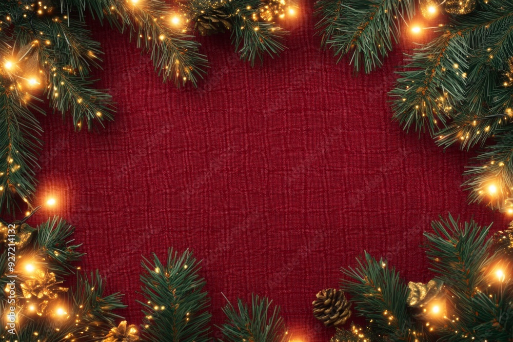 Christmas red background with golden lights and green branches on a canvas fabric texture, offering space for text, ideal for New Year festive cards or decorations.
