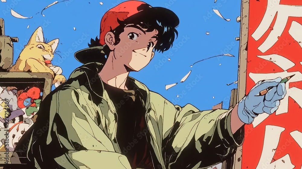 Fototapeta premium Youthful Expression in Vibrant Graffiti Art, a lively session showcasing creativity through Japanese retro anime influences, bright colors, and dynamic urban scenes.