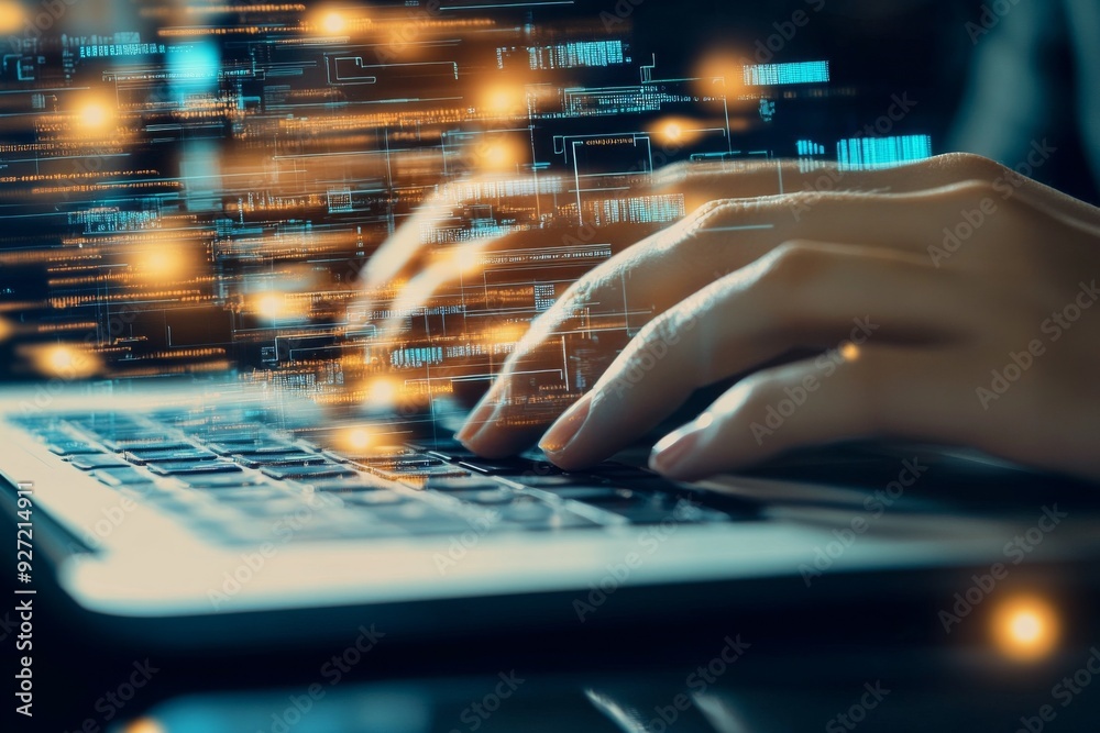 Close-up of hands typing on a laptop with glowing data flowing from the keyboard to the screen, illustrating a futuristic business concept. Close-up of hands typing on a laptop with glowing data flowing from the keyboard to the screen, illustrating a futuristic business concept.