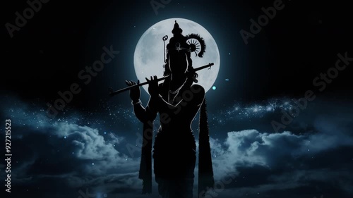 Silhouette of Krishna playing flute under full moon and stars. Suitable for spiritual and celestialthemed designs, posters, cards, and articles.