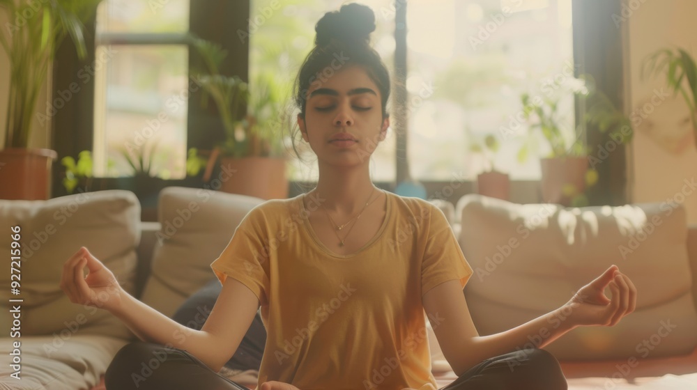 In a softly lit room, a young woman practices meditation, sitting cross-legged on a mat, surrounded by houseplants and a calm, inviting atmosphere.