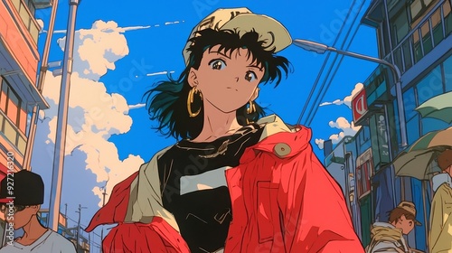 90s Streetwear Revival, Young individuals showcase vibrant 90s street fashion, energetic city backdrop, infused with the essence of Japanese retro anime aesthetics