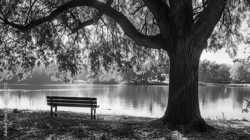 A tranquil lakeside scene with a bench under a large tree in black and white. A tranquil lakeside scene with a bench under a large tree in black and white.
