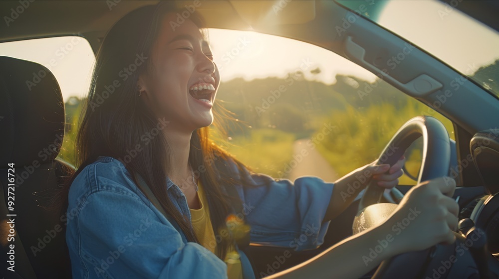 Fototapeta premium A woman joyfully laughs while driving, the warm sunlight streaming through the car window, creating a delightful, carefree atmosphere.