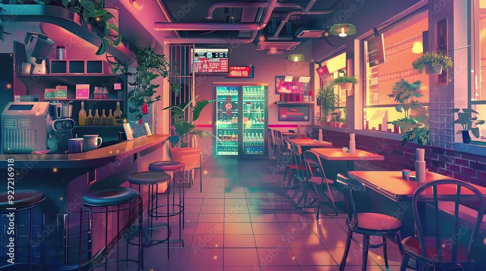 Warm and inviting interior of a café with soft glowing lights, creating ...