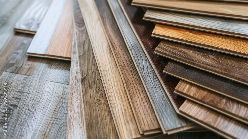 A selection of wooden flooring planks, highlighting different textures and grain patterns, is neatly arranged for display. A selection of wooden flooring planks, highlighting different textures and grain patterns, is neatly arranged for display.