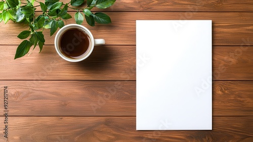 A cozy workspace featuring a menu, a cup of tea, and a touch of greenery on a wooden table, perfect for creativity.