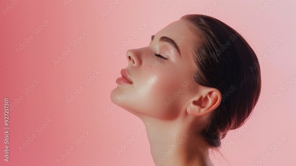 Profile of a serene woman with closed eyes, highlighting her smooth skin against a soft, peach-pink gradient background. Profile of a serene woman with closed eyes, highlighting her smooth skin against a soft, peach-pink gradient background.