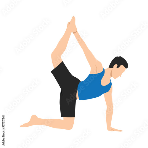 Man doing doing Royal Sunbird exercise, Chakravakasana, balancing cat caw easy variation. Flat vector illustration isolated on white background