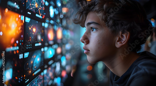 Young Man Looking at Futuristic Interface Illustration