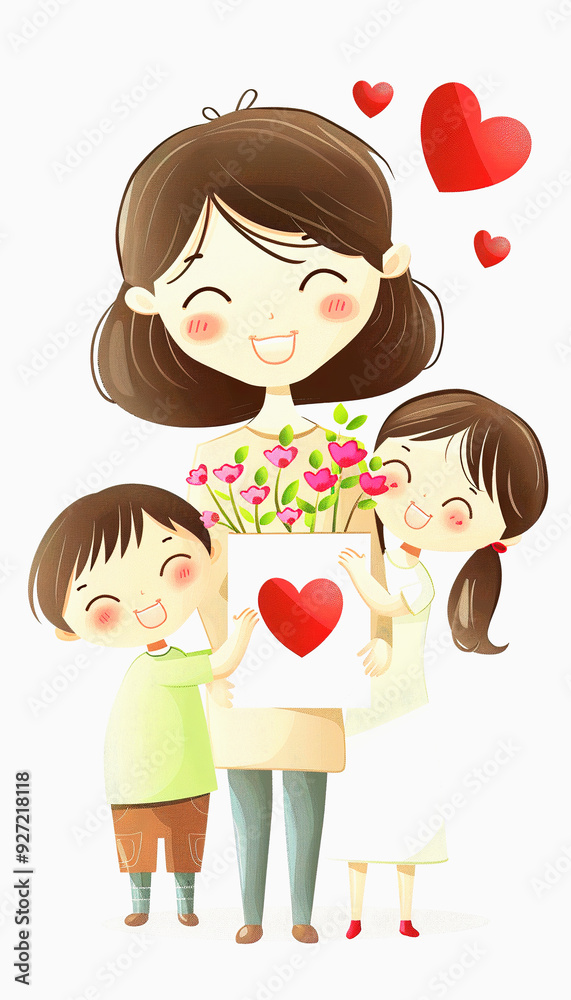 Mother and Children Holding a Card with a Heart Mother and Children Holding a Card with a Heart